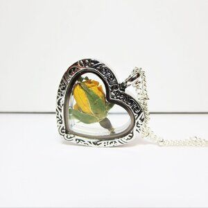 Yellow flower rose necklace Floral Heart Locket Pressed birth flower pendant